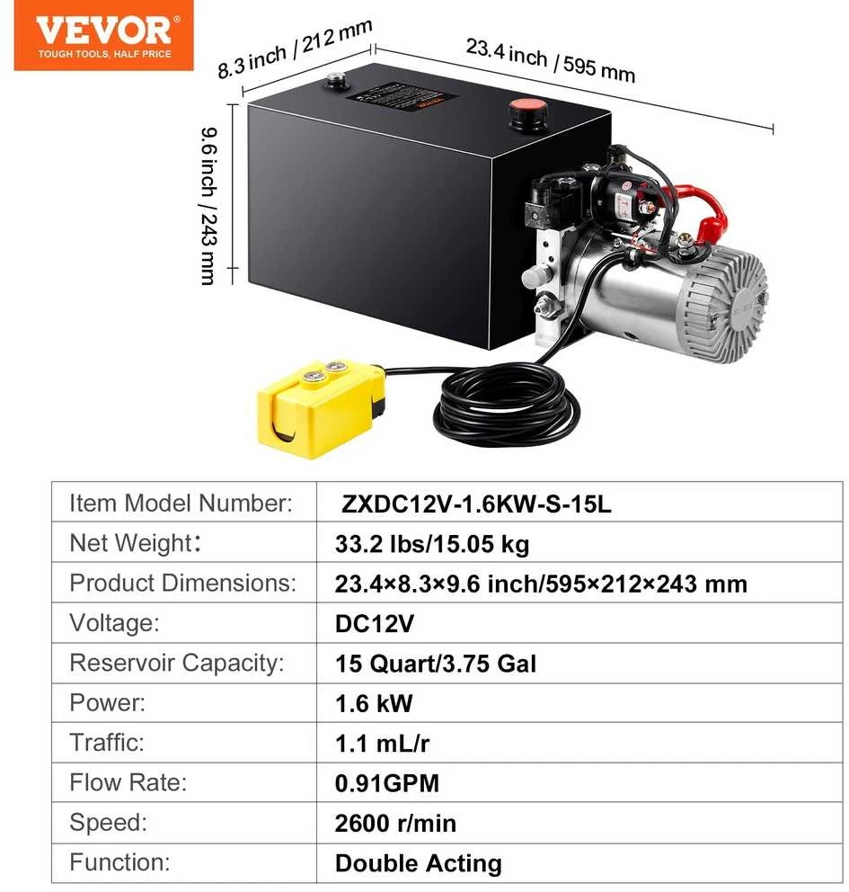 Hidraulinis siurblys dvigubo veikimo savivarcčiams, 15 kvartų rezervuaras, 12V DC 1.6kW galios blokas, 3200 psi hidraulinis maitinimo blokas, hidraulinis keltuvo siurblys