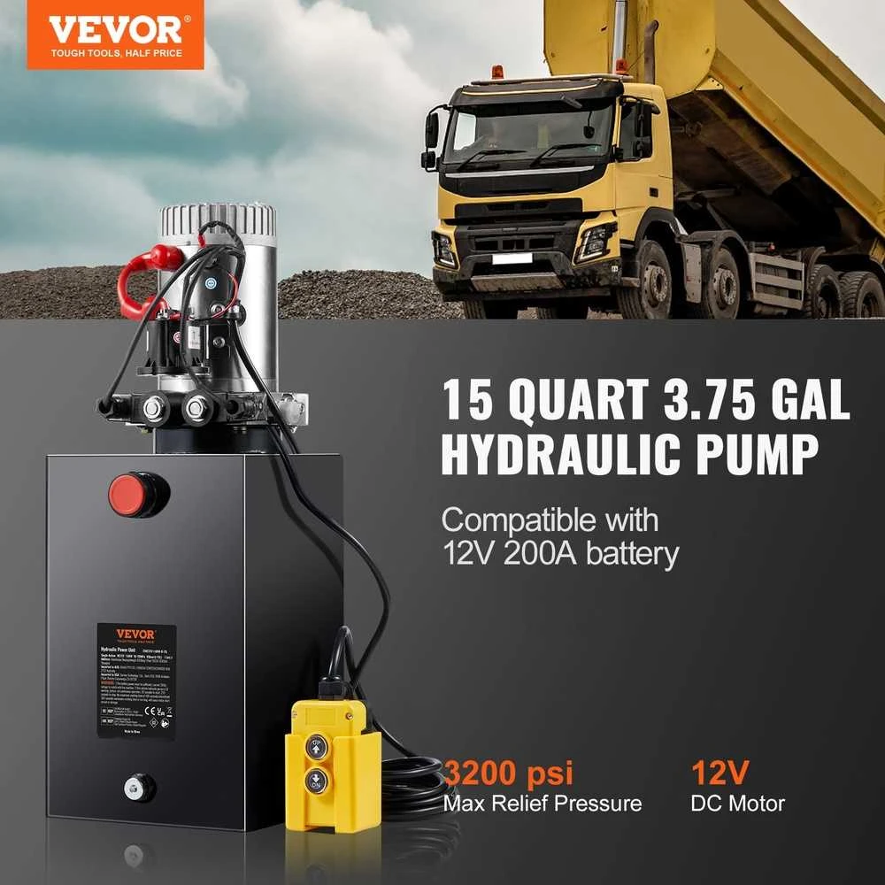 Hidraulinis siurblys dvigubo veikimo savivarcčiams, 15 kvartų rezervuaras, 12V DC 1.6kW galios blokas, 3200 psi hidraulinis maitinimo blokas, hidraulinis keltuvo siurblys