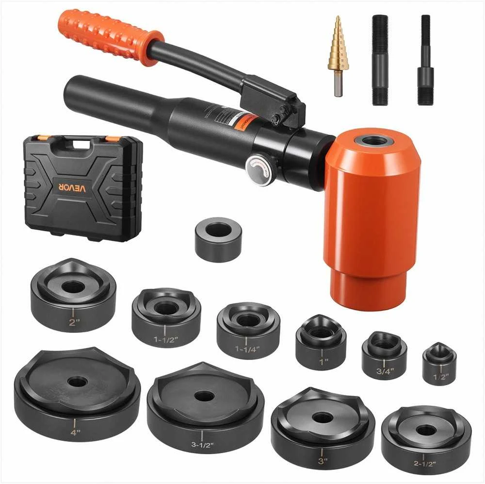 Hidraulinis skylių kirtimo rinkinys, 10 matricų metalinėms elektros spintoms, 12.7 iki 101.6 mm skylių darymo įrankis, lakštinio metalo perforatorius