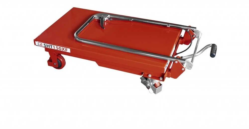 Hidraulinis žirklinis kėlimo stalas, reguliuojamas darbastalis, valdomas kojiniu pedalu, 150 kg keliamoji galia, mobilus darbo stalas