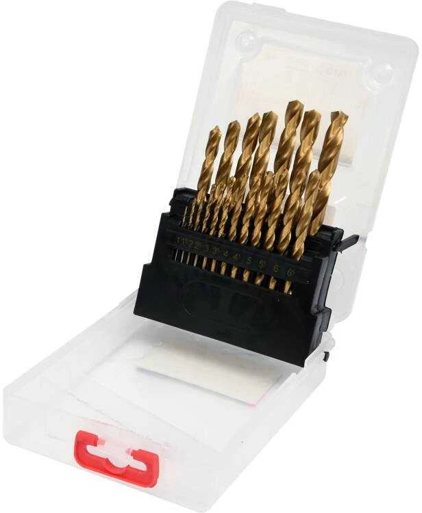 HSS-TIN grąžtų rinkinys 1-10 mm metalui, 19 vnt. metalo gręžimui