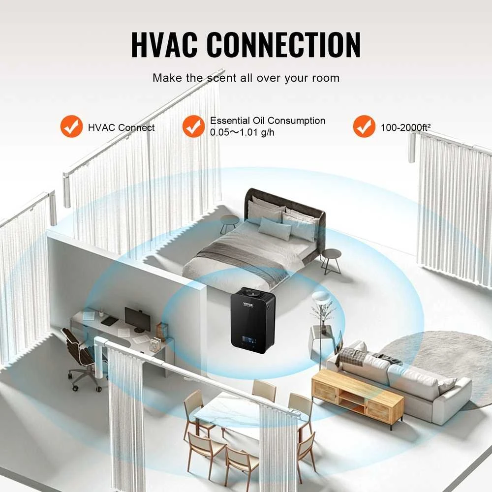 Drėkintuvas HVAC kvapų difuzorius namams, 180ml šalto oro aromaterapijos įrenginys, 2000 kv. pėdų vandens neturintis kvapiklis, Bluetooth kvapų skleidėjas