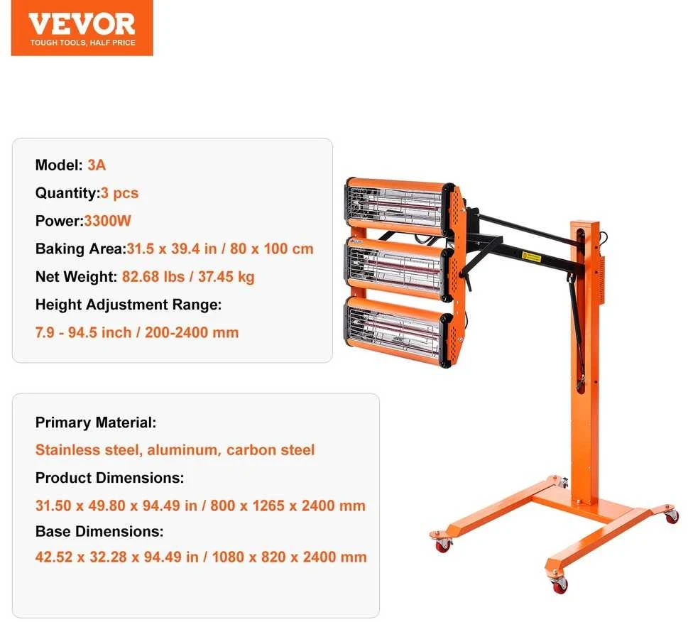 VEVOR 3300 W infraraudonųjų spindulių dažų džiovinimo lempa