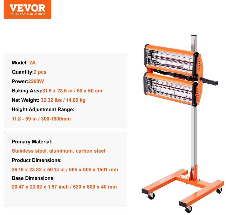 VEVOR 2200W infraraudonųjų spindulių lempa dažų džiovinimui