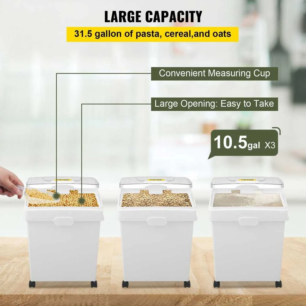 Ingredientų dėžė 40 l, miltų laikymo dėžės su ratukais, PP, 3 vnt. rinkinys, balta, su samteliu ir stumdomu dangčiu, komercinės, maisto produktų laikymo talpos