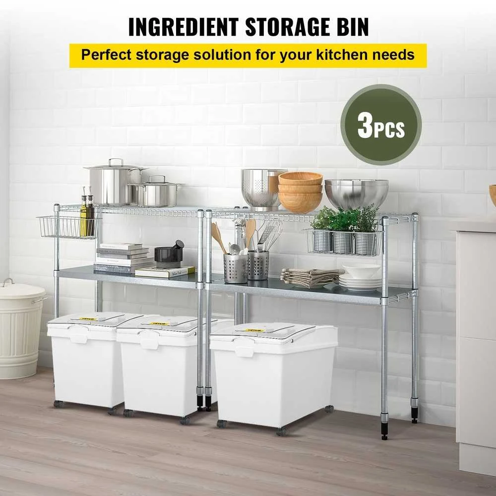 Ingredientų dėžė 40 l, miltų laikymo dėžės su ratukais, PP, 3 vnt. rinkinys, balta, su samteliu ir stumdomu dangčiu, komercinės, maisto produktų laikymo talpos