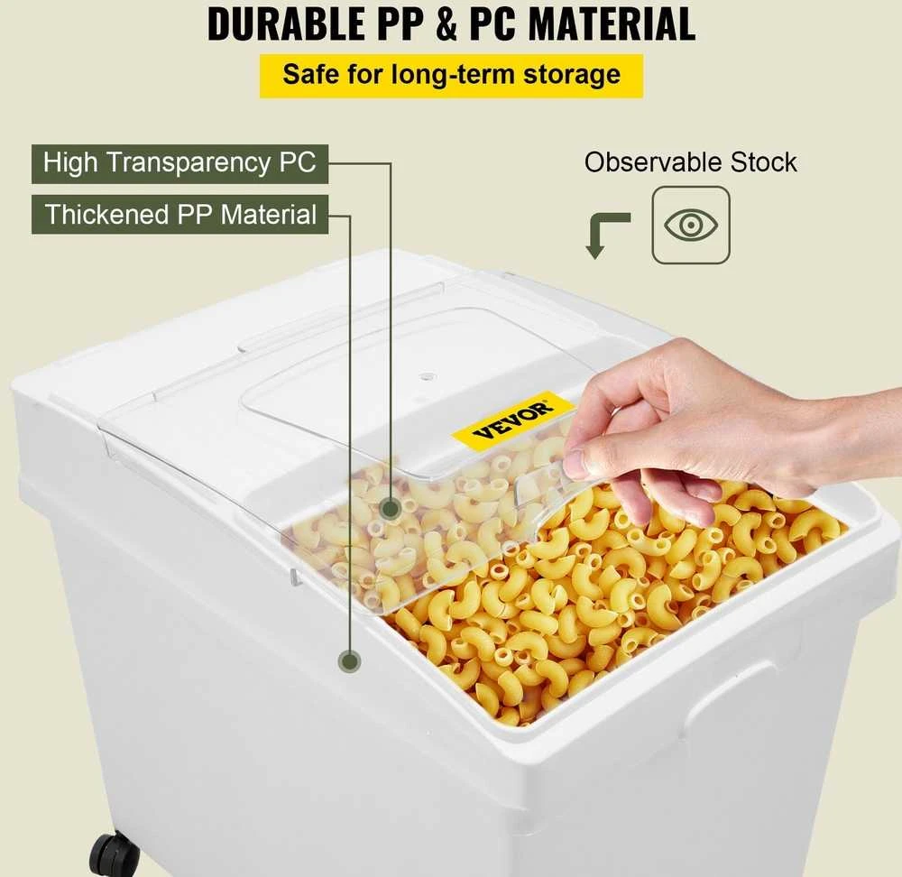 Ingredientų dėžė 40 l, miltų laikymo dėžės su ratukais, PP, 3 vnt. rinkinys, balta, su samteliu ir stumdomu dangčiu, komercinės, maisto produktų laikymo talpos