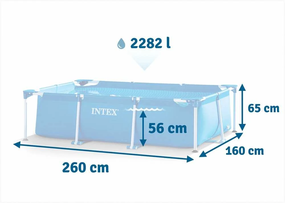 Intex Stačiakampis karkasinis baseinas, lengvai pastatomas sodo baseinas, šeimos lauko baseinas, 2282 litrų talpa, 260 x 160 x 65 cm