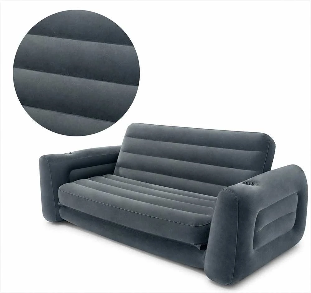 Intex Veliūrinė pripučiama sofa-lova 2-in-1, su elektrine pompa, patogūs svetainės baldai, pilka sofa-lova