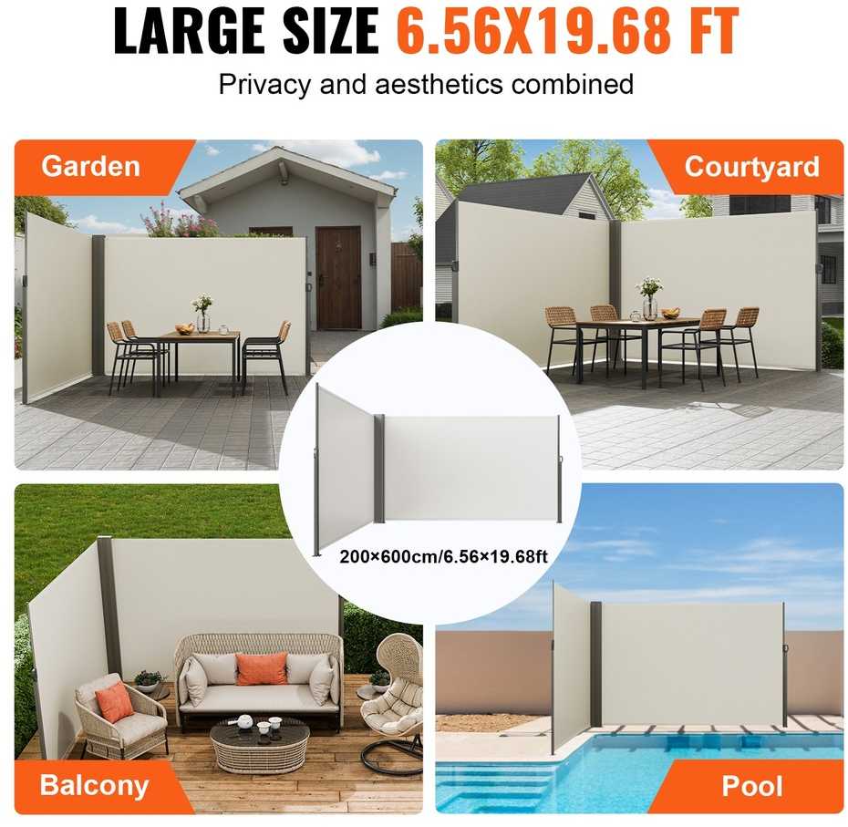 Ištraukiama šoninė markizė 200x600cm smėlio spalvos. Lauko uždanga, privati zona, atitvaras nuo vėjo.