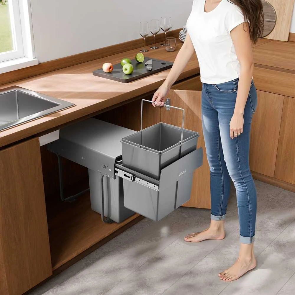 Ištraukiamas dvigubas šiukšliadėžių konteineris, 2 x 40 l, po spintele, virtuvei, taupantis vietą, atliekų rūšiavimo sistema, ištraukiama šiukšlių dėžė