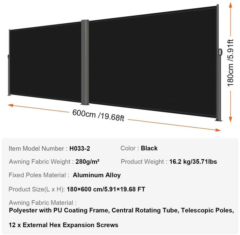 Ištraukiamas terasos ekranas, lauko privatumo ekranas, šoninė markizė balkonui, 180x600cm ištraukiama tvora, juodas lauko ekranas terasai