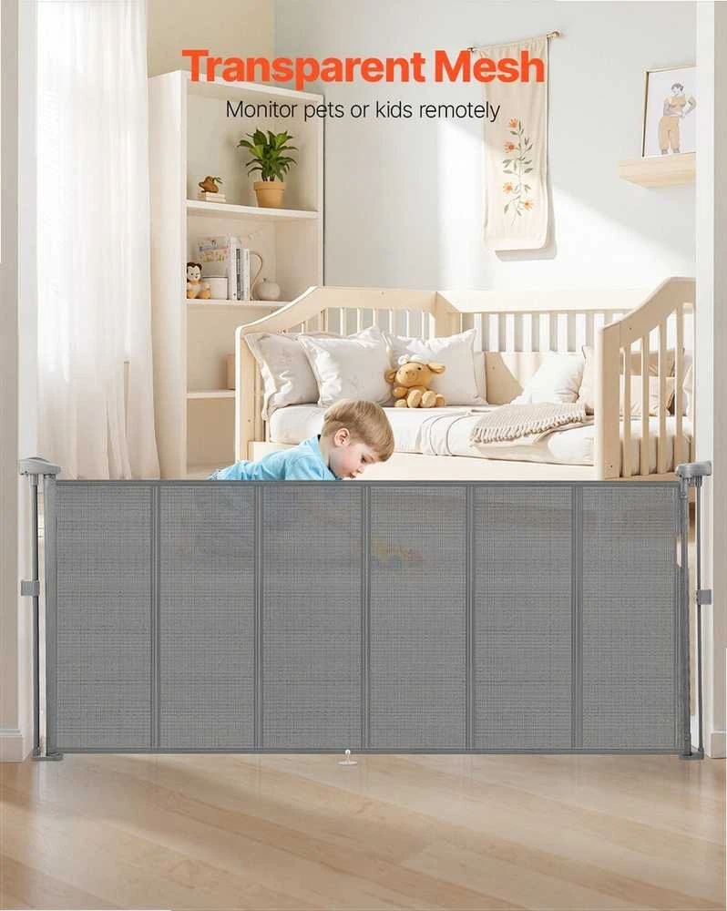 Ištraukiami apsauginiai varteliai vaikams ir augintiniams, tinklinis skydelis, sustiprintas stiklo pluošto rėmas, vidaus saugos barjeras, pilki ištraukiami apsauginiai varteliai, apsauga laiptams