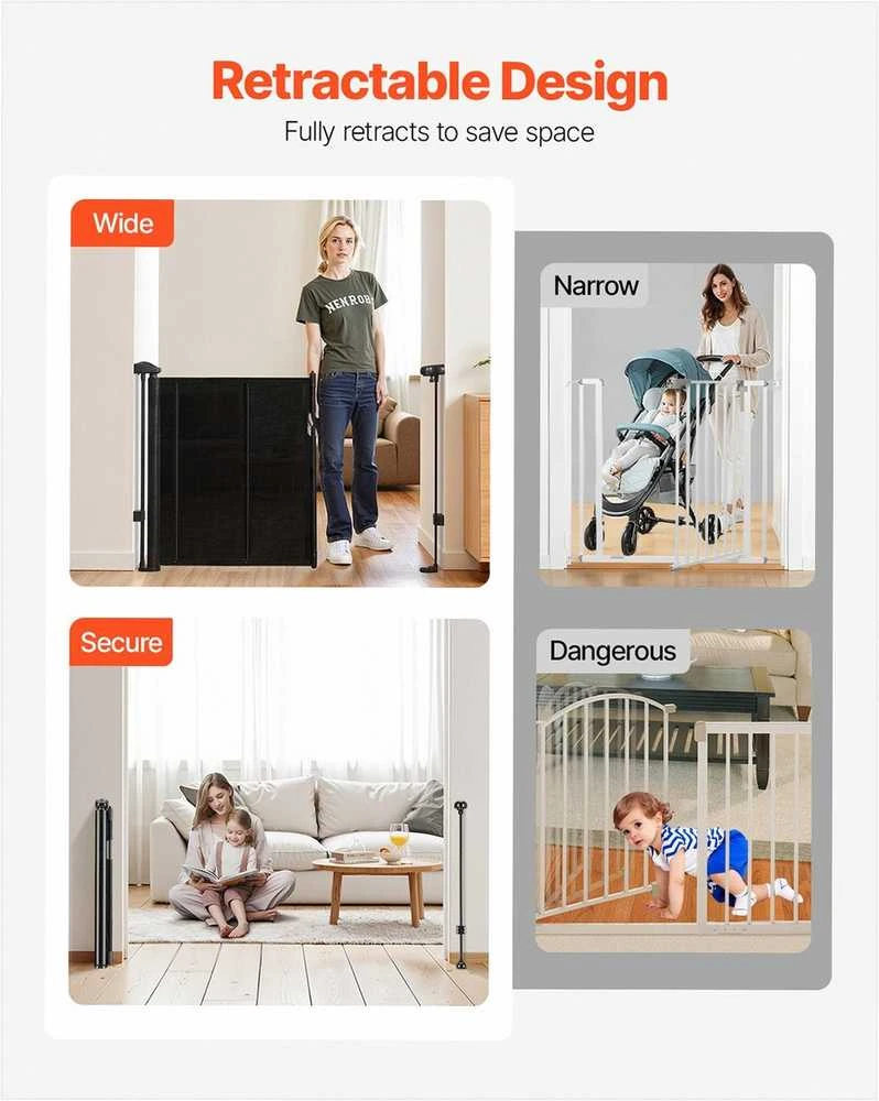 Ištraukiami apsauginiai varteliai vaikams ir augintiniams, tinklinis skydelis, sustiprintas stiklo pluošto rėmas, juodas vidaus saugos barjeras, ištraukiamas iki 1400 mm pločio, apsauga laiptams