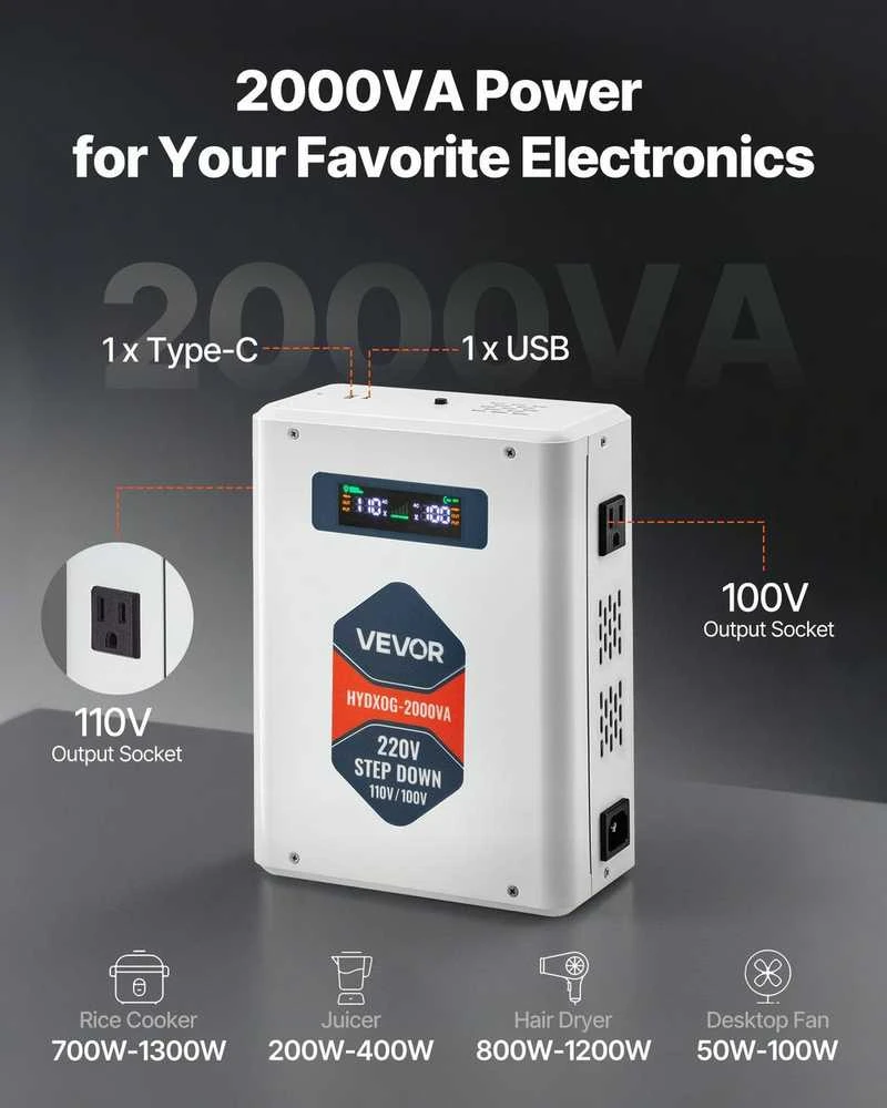 Įtampos keitiklis, 2000VA, 220V į 110V galios transformatorius su USB, JAV prietaisams, kelioninis maitinimo adapteris, įtampos reguliatorius