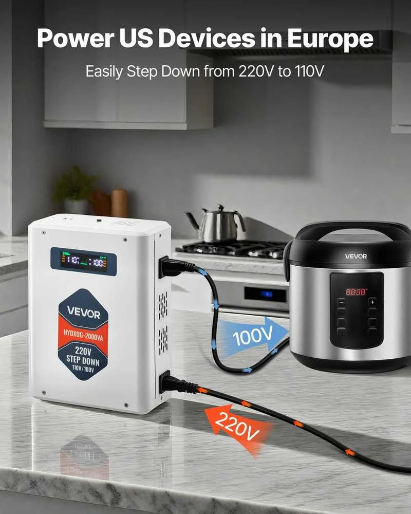 Įtampos keitiklis, 2000VA, 220V į 110V galios transformatorius su USB, JAV prietaisams, kelioninis maitinimo adapteris, įtampos reguliatorius
