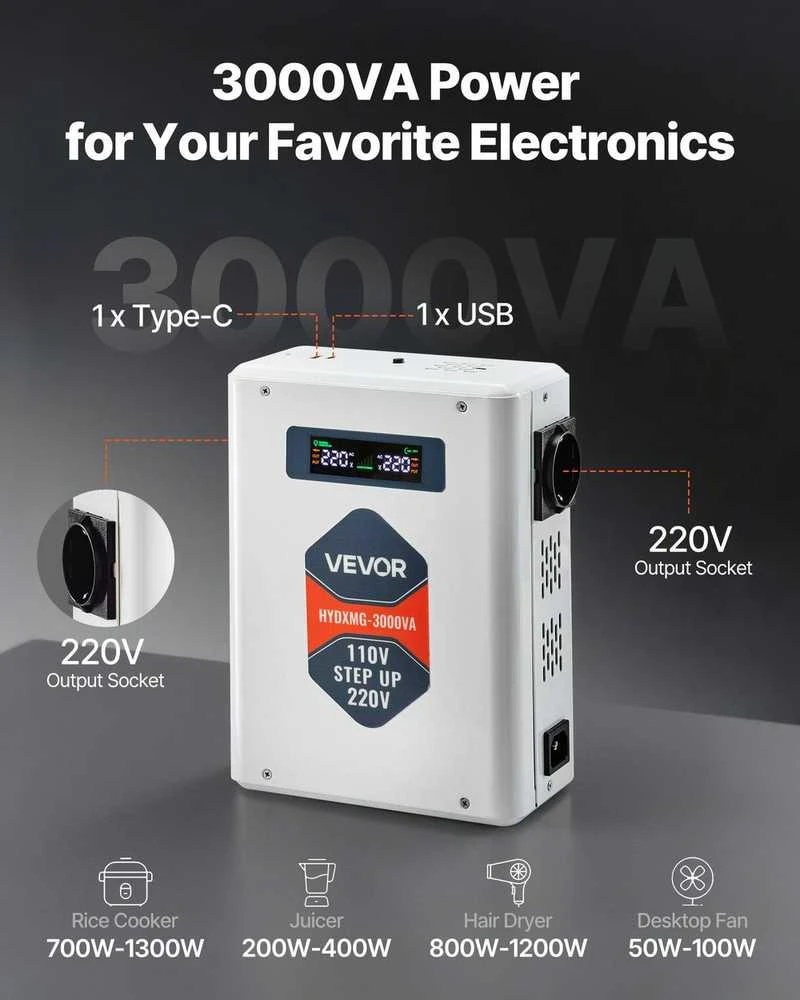 Įtampos keitiklis, 3000VA, 110V į 220V galios transformatorius, Europos prietaisams, su LCD ekranu, USB išvestis