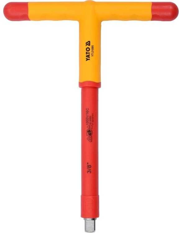 Izoliuota T formos rankena su pavara, 3/8 colio, 207 mm ilgio, VDE sertifikuota, T formos rankena su pavara, skirta elektros darbams