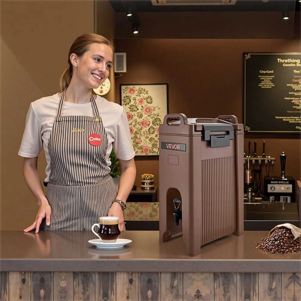 Izoliuotas gėrimų dozatorius, 19L karštų ir šaltų gėrimų serveris su čiaupu ir rankena, maistinis terminis gėrimų dozatorius kavinėms ir restoranams, rudas, didelės talpos gėrimų indas, termo gėrimų talpa