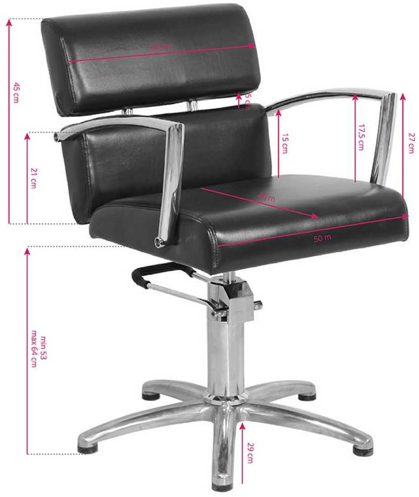 Juoda kirpyklos kėdė, reguliuojama salono kėdė, pasukama stilisto kėdė, profesionali kirpėjo kėdė, patogi plaukų procedūrų kėdė