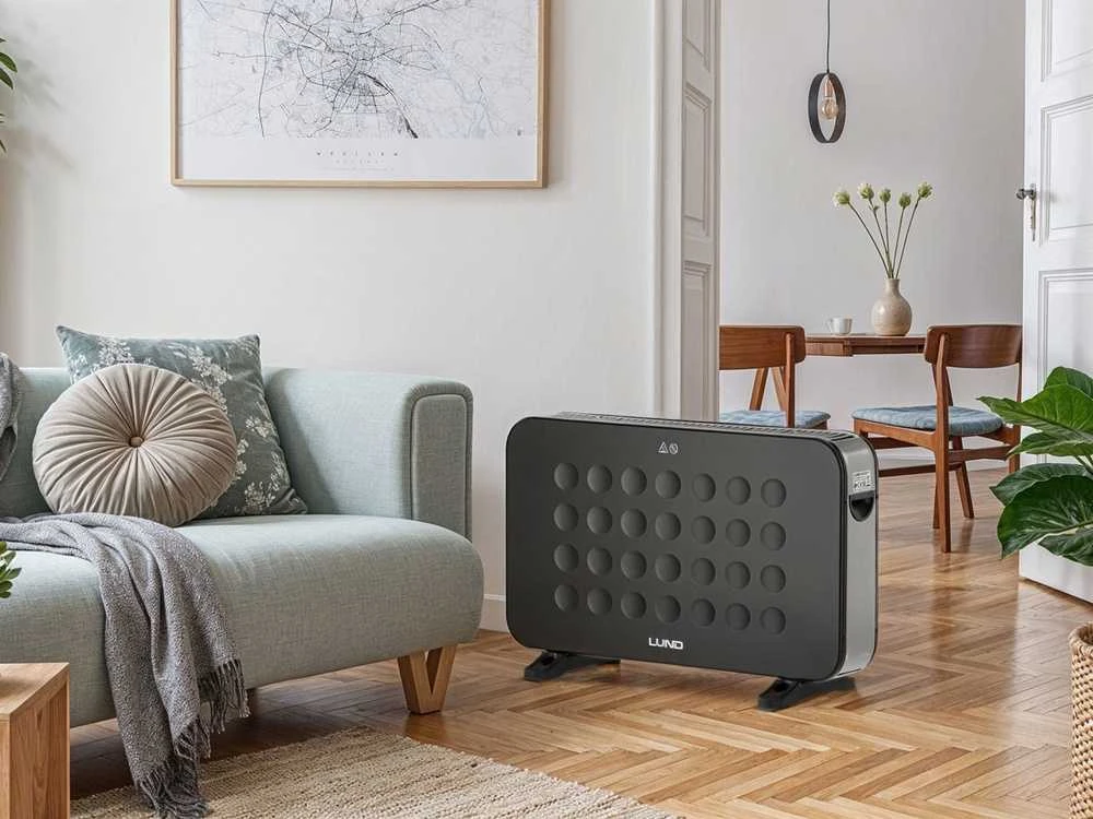 Juodas 2000 W konvekcinis šildytuvas su ventiliatoriumi, nešiojamas elektrinis šildytuvas, kambario šildytuvas