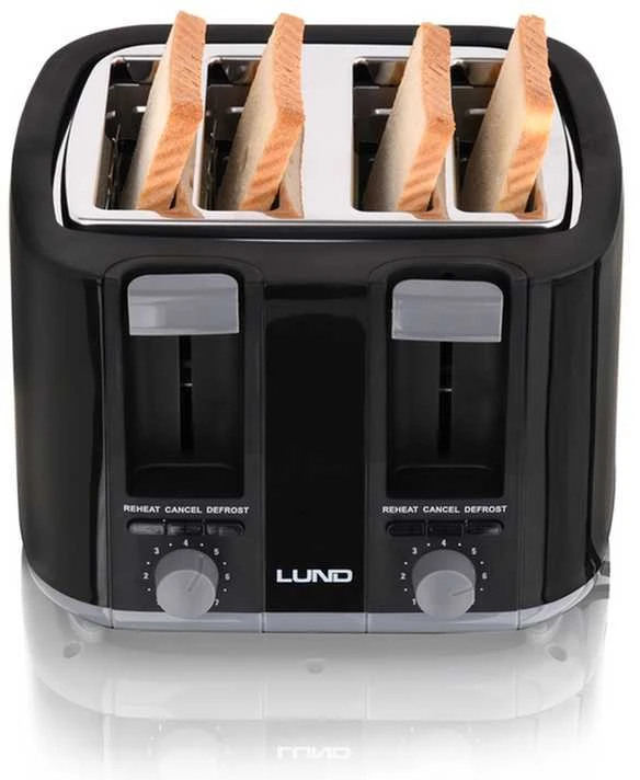 Juodas 4 riekelių skrudintuvas, 1500W, su reguliuojamu apskrudimu