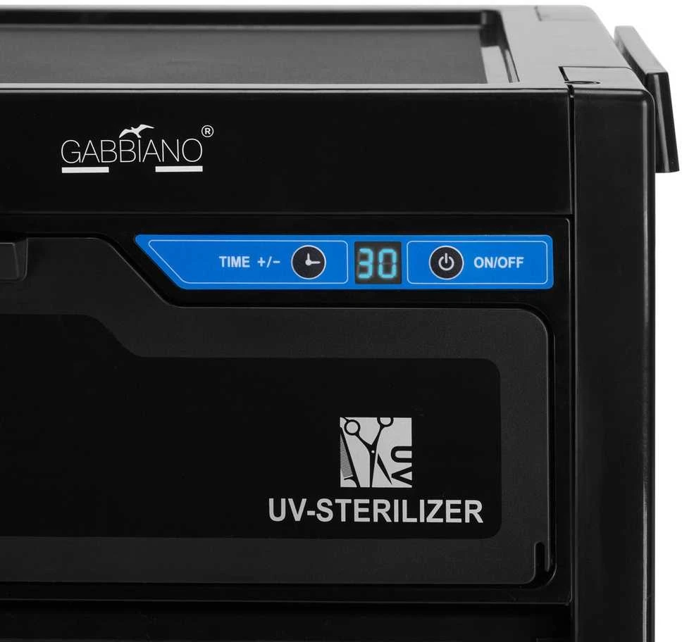 Juodas kirpėjo asistentas su UV sterilizatoriumi, profesionali salono įranga, mobili kirpėjų darbo vieta, UV dezinfekcijos stotis