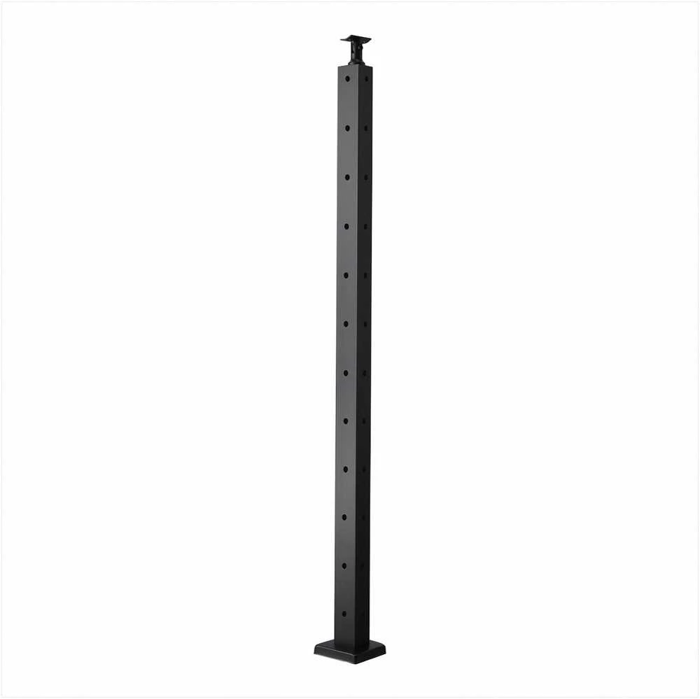 Juodas nerūdijančio plieno kampinis stulpas kabeliniams turėklams, 106 cm aukščio L tipo stulpas su laikikliais terasoms ir laiptams