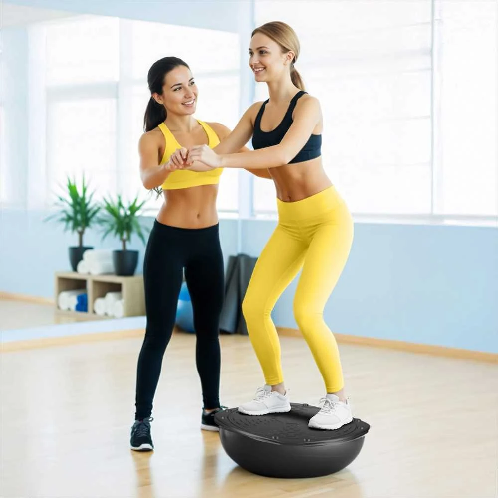4Fizjo Juodas pusiausvyros pusinis kamuolys su virvėmis, fitneso pusiausvyros kamuolys pagrindinei jėgai, reabilitacijai ir aerobikos pratimams, stabilumo treniruotėms