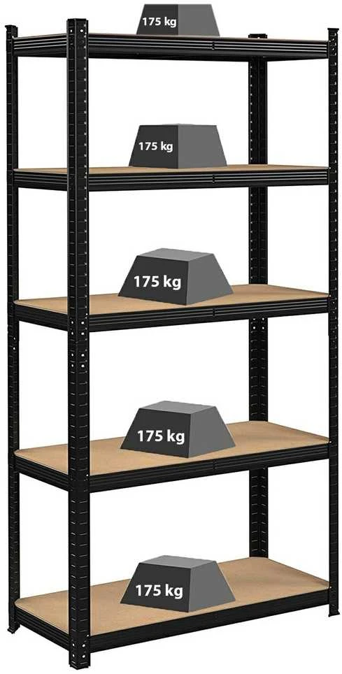 Juodas sandėliavimo stelažas 180x90x30 cm, 875 kg, lentynos, garažui, sandėliukui, dirbtuvėms