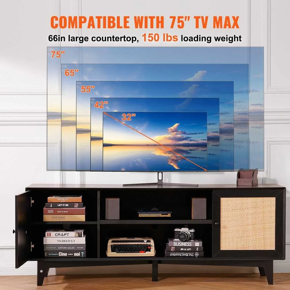 Juodas TV staliukas 75" TV, ratano spintelė, komoda su rozete, TV konsolė, media centras