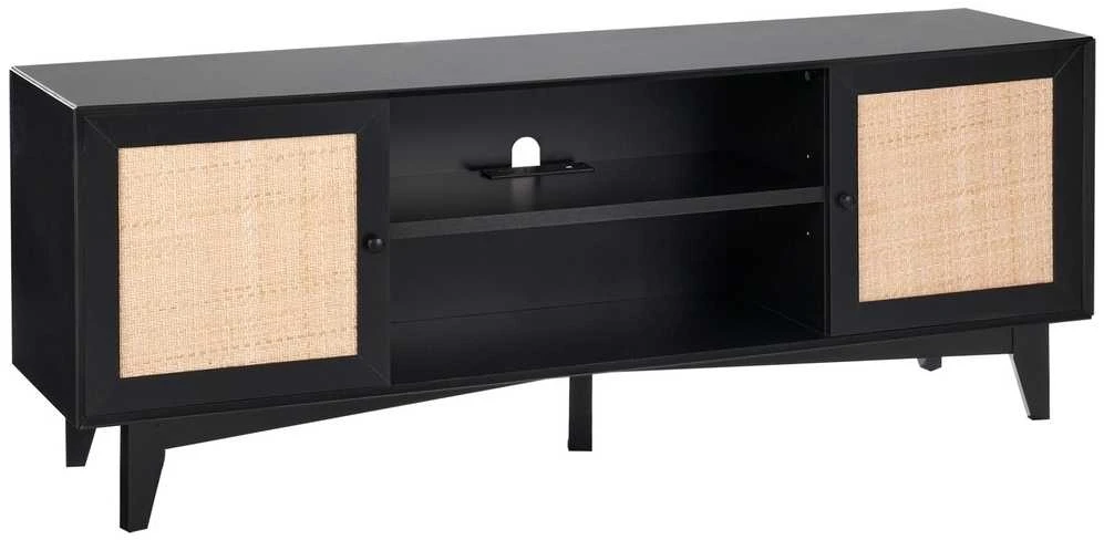Juodas TV staliukas 75" TV, ratano spintelė, komoda su rozete, TV konsolė, media centras