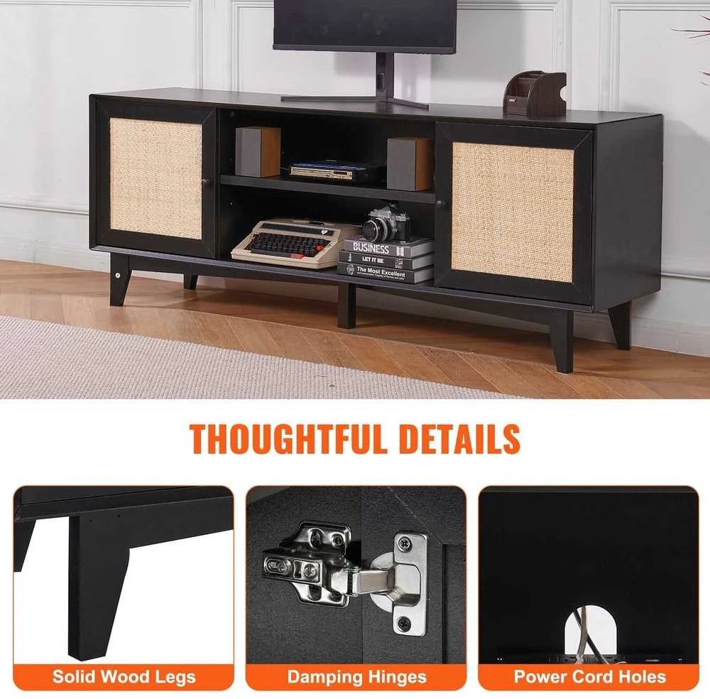 Juodas TV staliukas 75" TV, ratano spintelė, komoda su rozete, TV konsolė, media centras