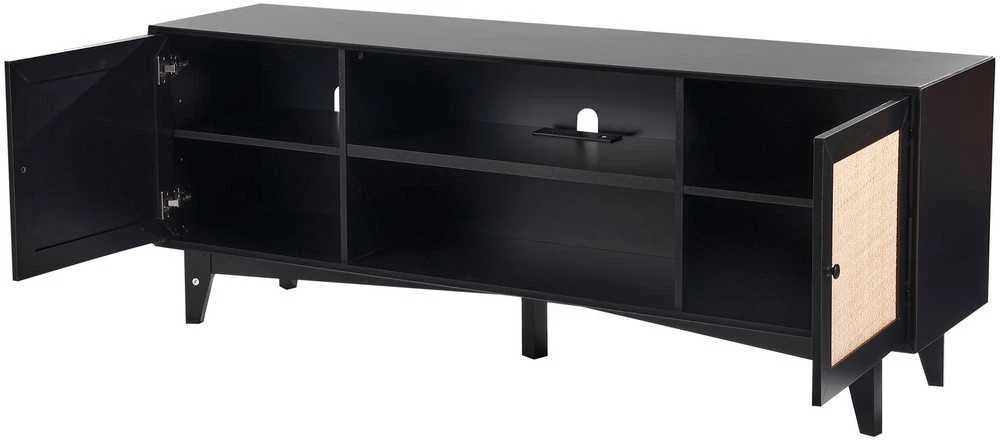 Juodas TV staliukas 75" TV, ratano spintelė, komoda su rozete, TV konsolė, media centras