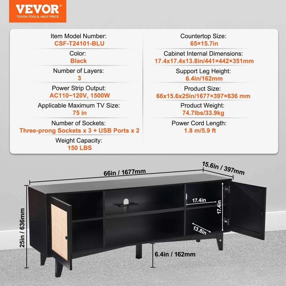 Juodas TV staliukas 75" TV, ratano spintelė, komoda su rozete, TV konsolė, media centras