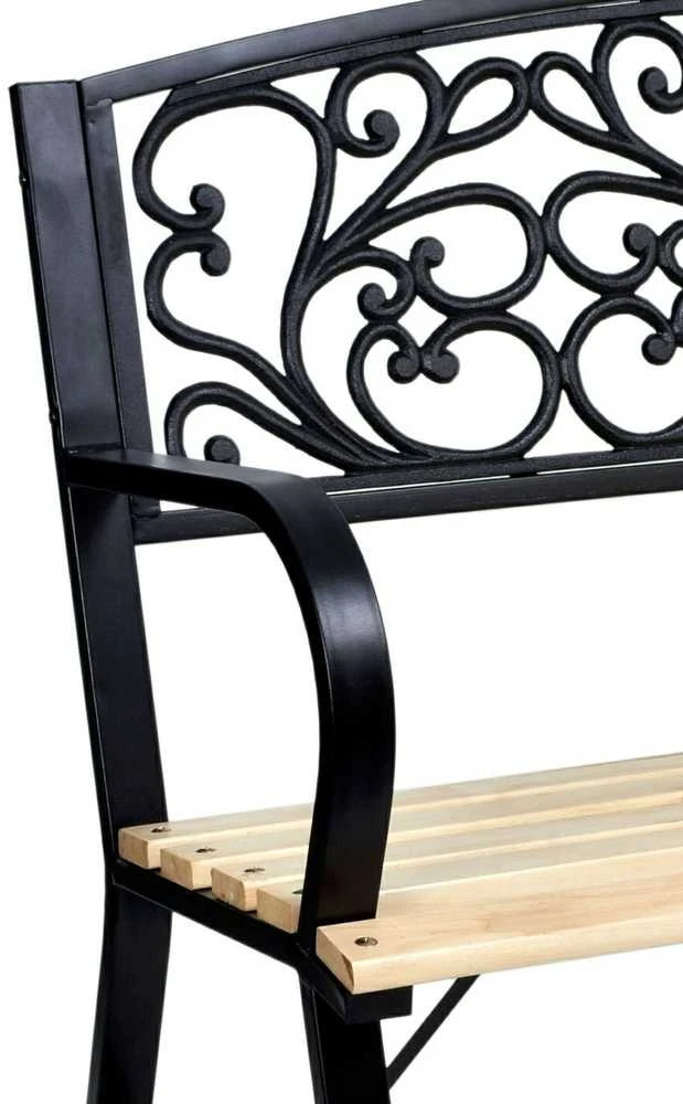 Juodo metalo ir ketaus sodo suoliukas su mediniu sėdynės pagrindu, 120 cm, lauko baldai, parkui, terasai