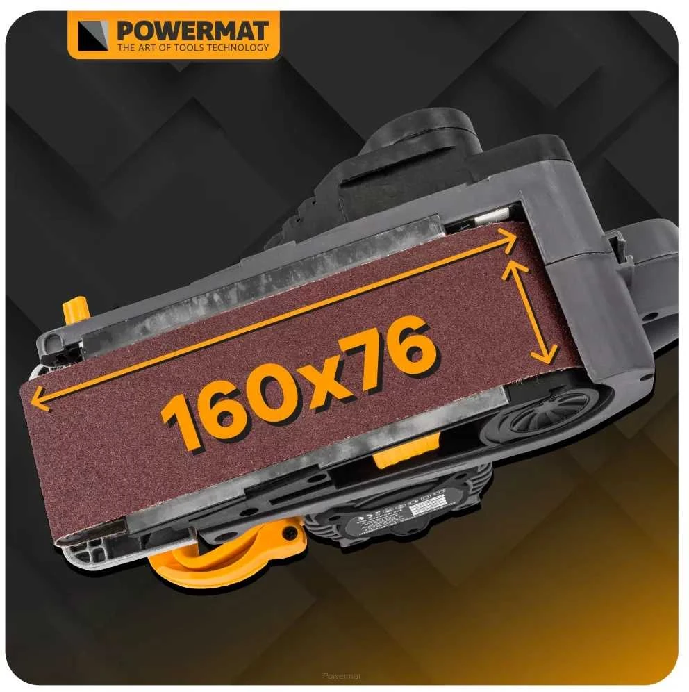 Powermat Juostinis šlifuoklis, 2000W, 230V, kintamas greitis, su dulkių maišeliu, medienai, metalui ir plastikui, nešiojamas ir stacionarus naudojimas