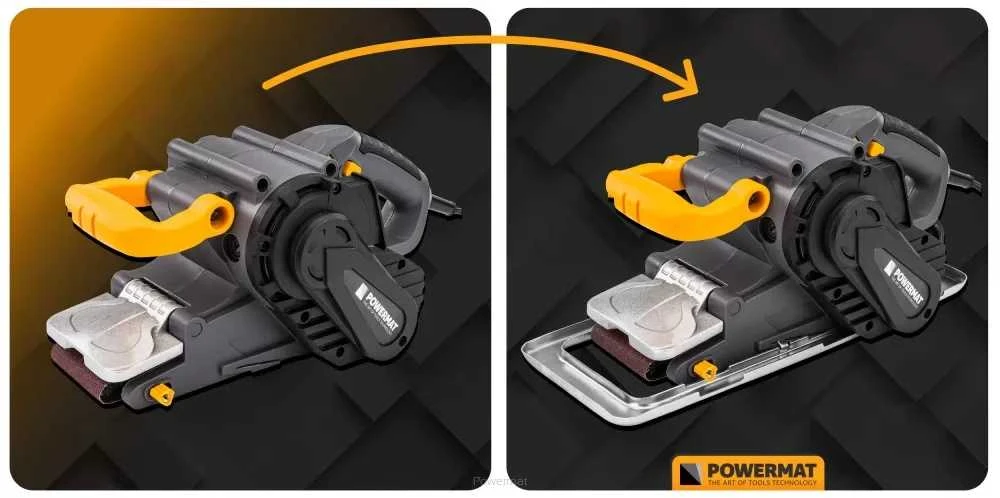 Powermat Juostinis šlifuoklis, 2000W, 230V, kintamas greitis, su dulkių maišeliu, medienai, metalui ir plastikui, nešiojamas ir stacionarus naudojimas