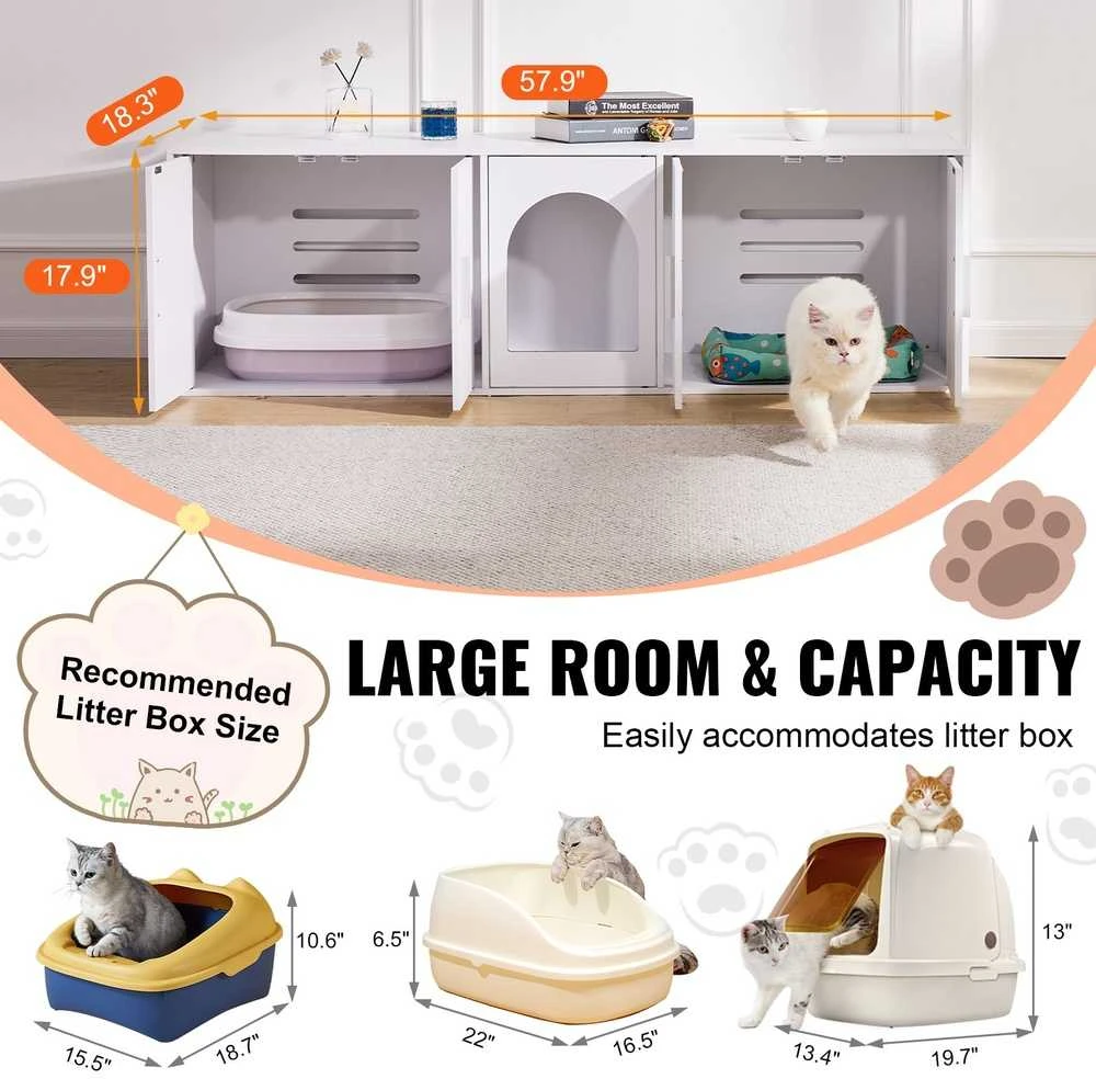 Kačių kraiko dėžės aptvaras, mediniai paslėpti kraiko dėžės baldai, balta spintelė katėms, didelis vidaus kačių tualetas
