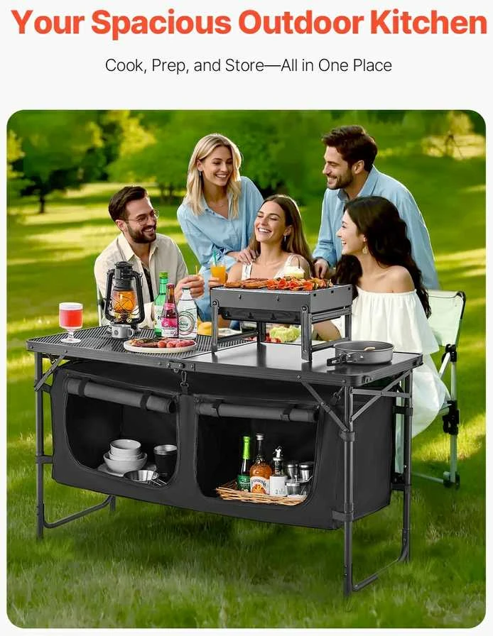 Kempingo virtuvės stalas, sulankstomas, nešiojamas, reguliuojamas maisto gaminimo stotis su saugykla, juodas kempingo stalas, lauko maisto gaminimo stalas