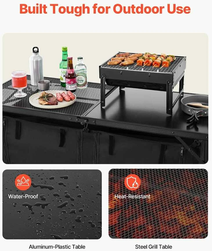 Kempingo virtuvės stalas, sulankstomas, nešiojamas, reguliuojamas maisto gaminimo stotis su saugykla, juodas kempingo stalas, lauko maisto gaminimo stalas