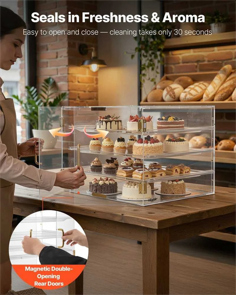 VEVOR Kepinių vitrina, 4 lygių komercinė konditerijos vitrina ant stalviršio, skaidraus akrilo duoninė virtuvei, vakarėlių tortų spintelė su magnetinėmis durelėmis sausainiams desertams spurgoms eksponuoti