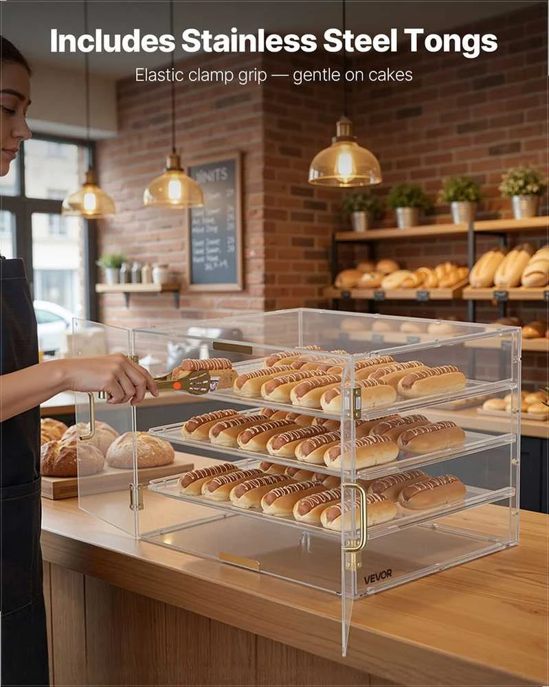VEVOR Kepinių vitrina, 4 lygių komercinė konditerijos vitrina ant stalviršio, skaidraus akrilo duoninė virtuvei, vakarėlių tortų spintelė su magnetinėmis durelėmis sausainiams desertams spurgoms eksponuoti