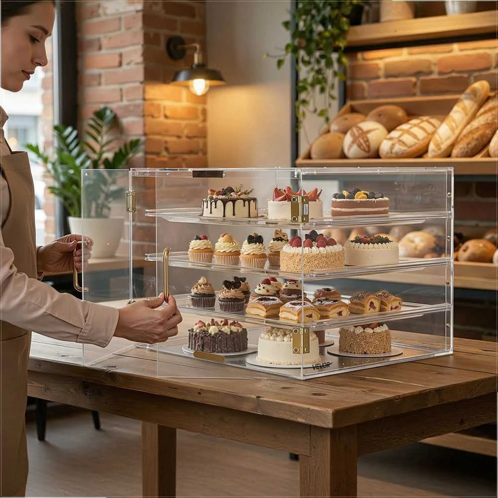 VEVOR Kepinių vitrina, 4 lygių komercinė konditerijos vitrina ant stalviršio, skaidraus akrilo duoninė virtuvei, vakarėlių tortų spintelė su magnetinėmis durelėmis sausainiams desertams spurgoms eksponuoti