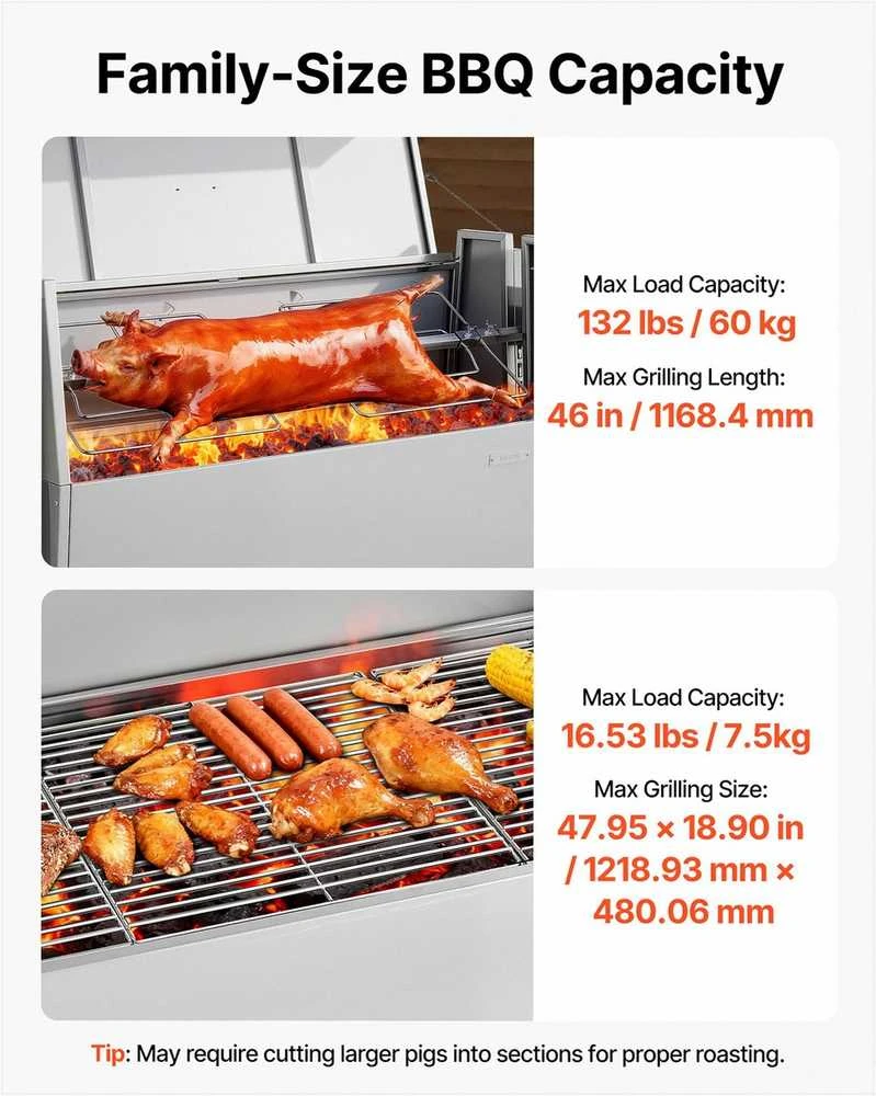 Kepsninės iešmas lauko kempingui, nerūdijančio plieno elektrinis kepsnių kepimo įrenginis su ratukais ir reguliuojamu aukščiu, BBQ kiaulienos ir avienos kepsninė, lauko kepsnių įranga