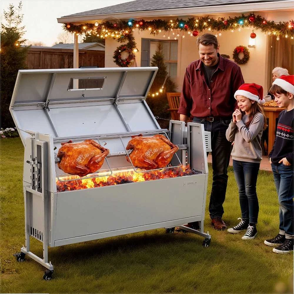 Kepsninės iešmas lauko kempingui, nerūdijančio plieno elektrinis kepsnių kepimo įrenginis su ratukais ir reguliuojamu aukščiu, BBQ kiaulienos ir avienos kepsninė, lauko kepsnių įranga