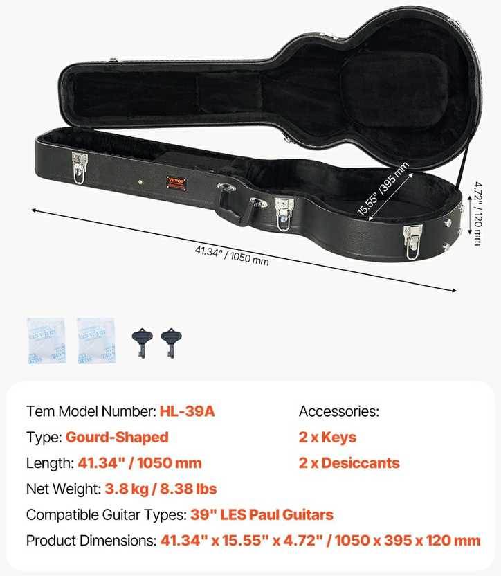 Kietas gitaros dėklas LES Paul, 41.34 col., neperšlampamas, juodas, gitarų dėklas, LP dėklas