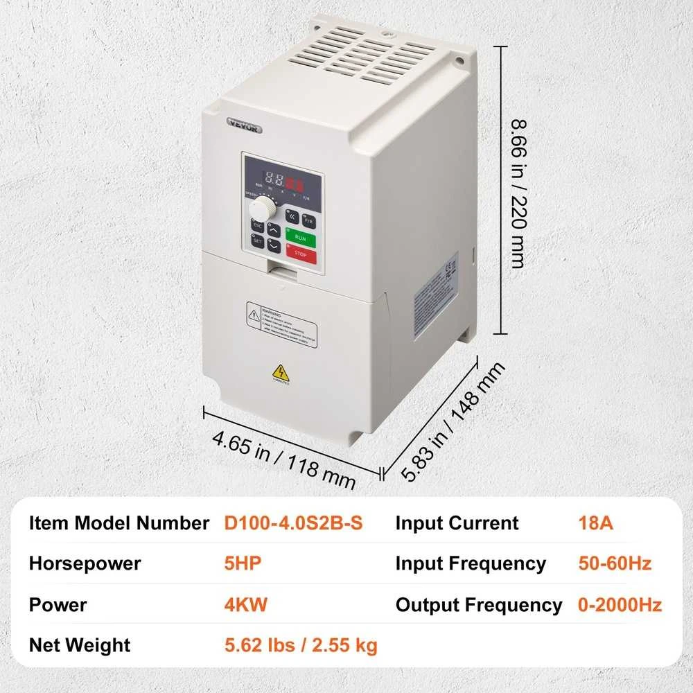 Kintamo dažnio pavara 4KW 5HP, 220V į 220V VFD, variklio greičio reguliatorius pramoninei įrangai, vienfazis ir trifazis palaikymas