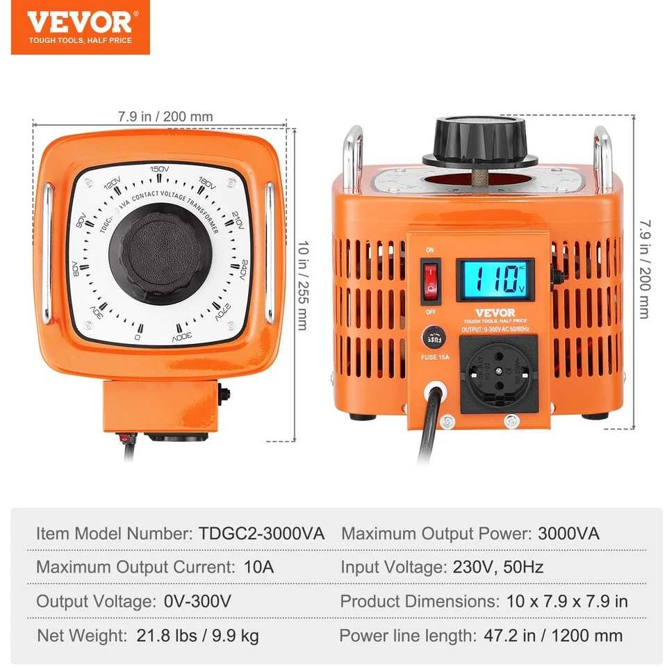 Kintamos įtampos transformatorius 3000VA, nuo 230V iki 0-300V, įtampos reguliatorius