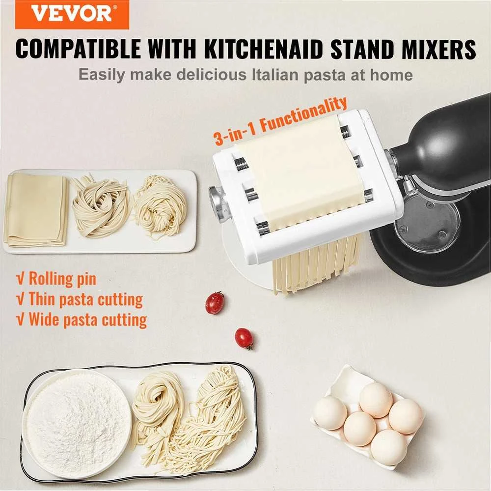 KitchenAid Makaronų gaminimo priedas pastatomam mikseriui, „trys viename“ nerūdijančio plieno kočiotuvas ir pjaustyklė, reguliuojamo storio makaronų mašinėlė, spagečių ir fettuccine pjaustymo rinkinys